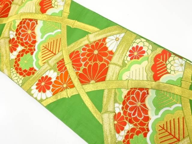 JAPANESE KIMONO / ANTIQUE FUKURO OBI / WOVEN BAMBOO WITH PINE & KIKU